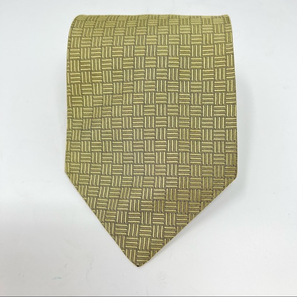 Polo University Tie Ralph Lauren Gold Micro Patterned Geometric Yellow 100% Silk - Picture 1 of 6